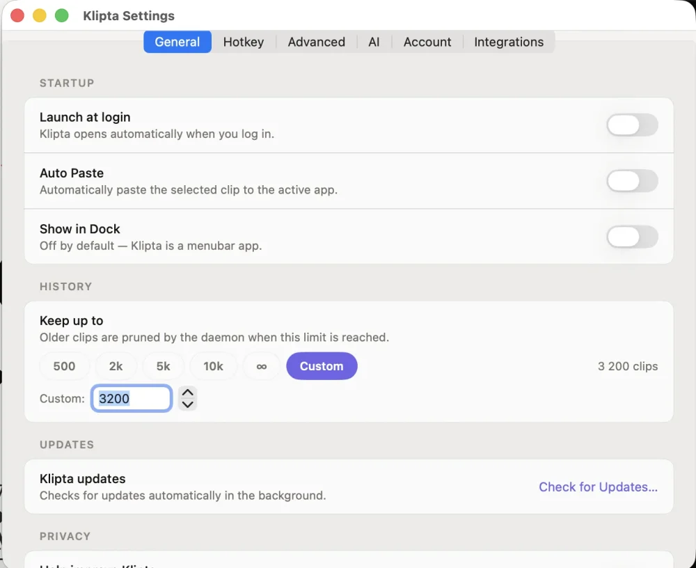 Klipta settings for clipboard history, automatic paste, and startup behavior.