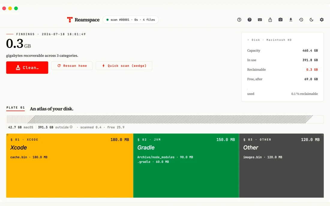 Reamspace disk inspection interface with categories and a storage summary from a product preview.