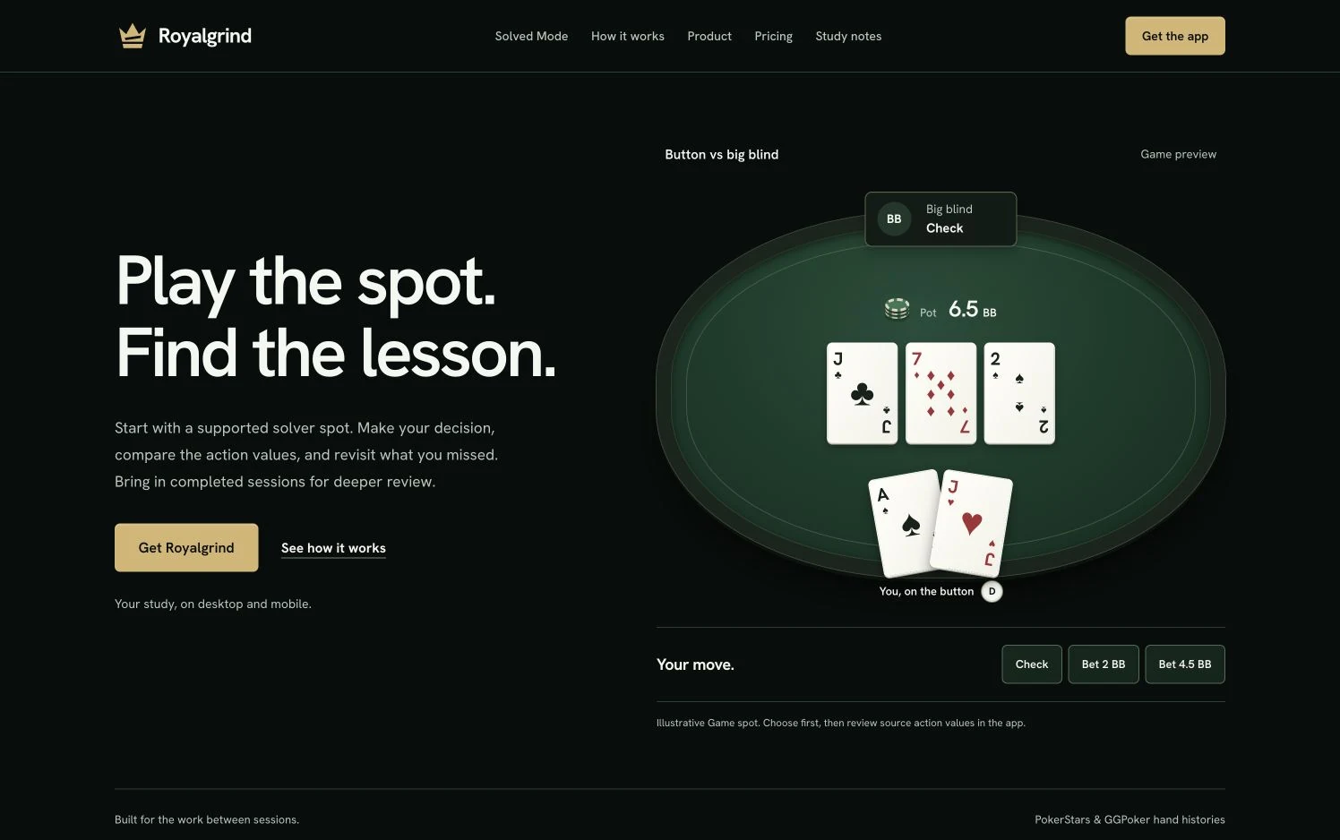 Royalgrind homepage with an illustrative poker table, community cards, and example Game actions.