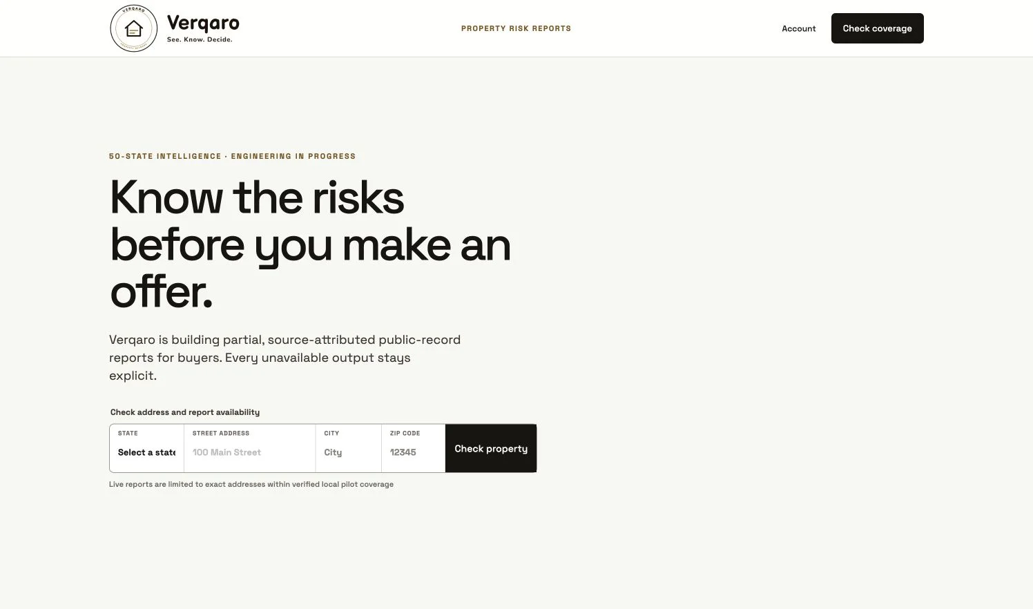 Verqaro website with an address coverage form and a sample property evidence dossier.